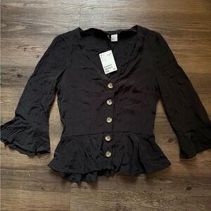 H&M Black Ruffled Blouse with Button Detail